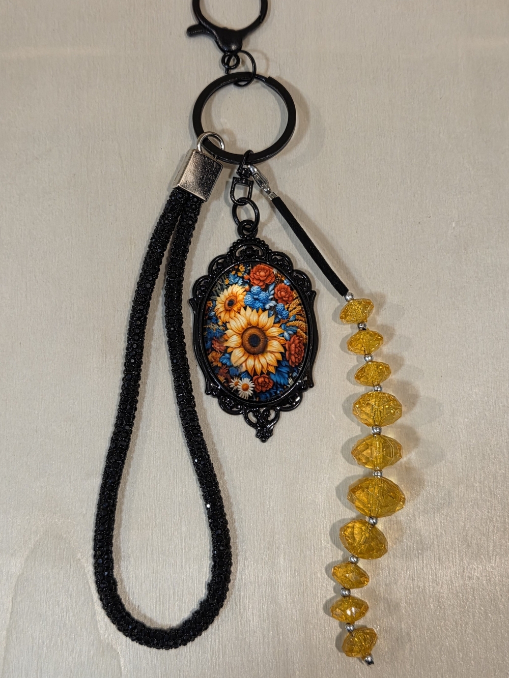 Floral Sunflower Charm Keychain with Yellow Beaded Tassel - Black
